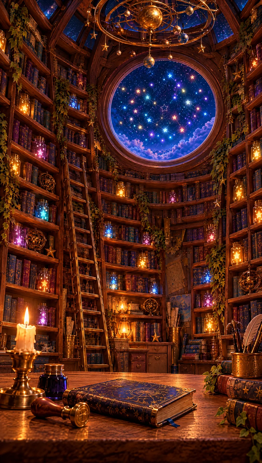 L’atelier du Gardien des Histoires, quelque part entre le ciel et les chambres : des étagères de bois et de laiton où brillent des histoires devenues étoiles.