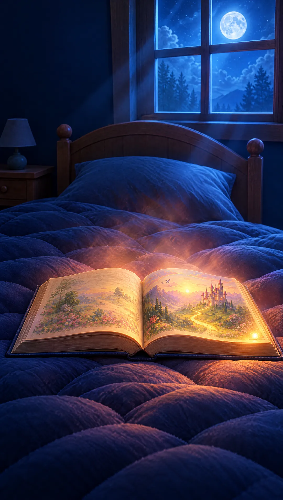 Dans la chambre bleue de nuit, le livre ouvert sur le lit déborde de lumière ; au bord de la page, une petite lueur se réchauffe.