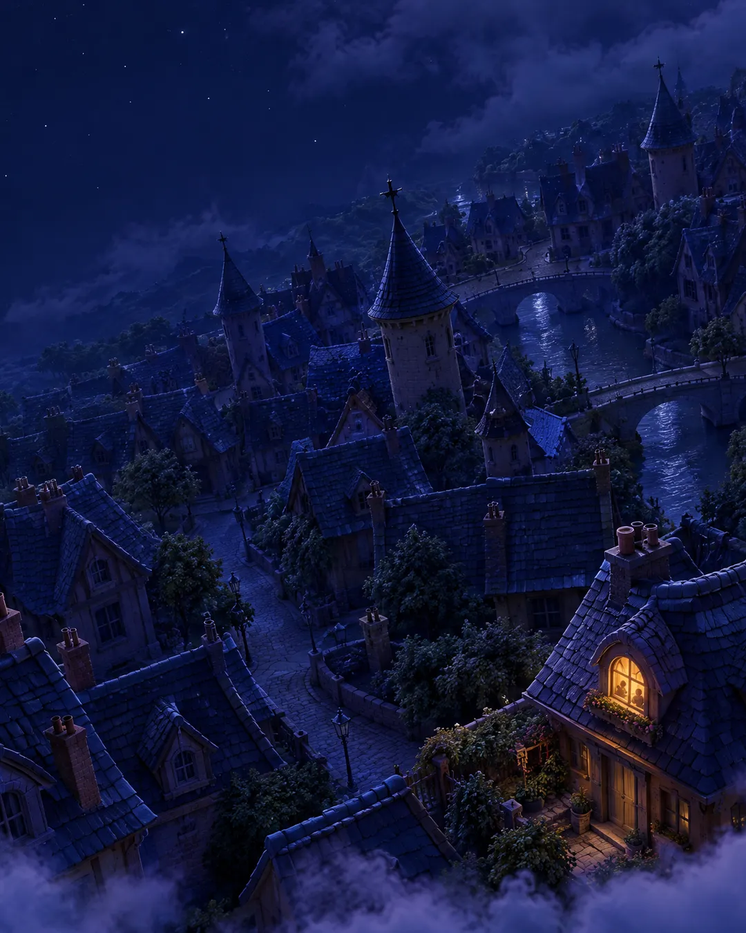 Le ciel de nuit, lourd de nuages, au-dessus des toits endormis ; une seule fenêtre est encore allumée.