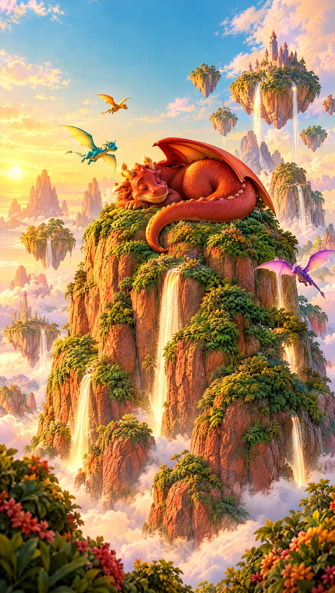 Une page d’histoire : un dragon rouge dort sur une falaise couverte de cascades, entre des îles qui flottent dans le ciel. Une brume grise en retire peu à peu les couleurs.
