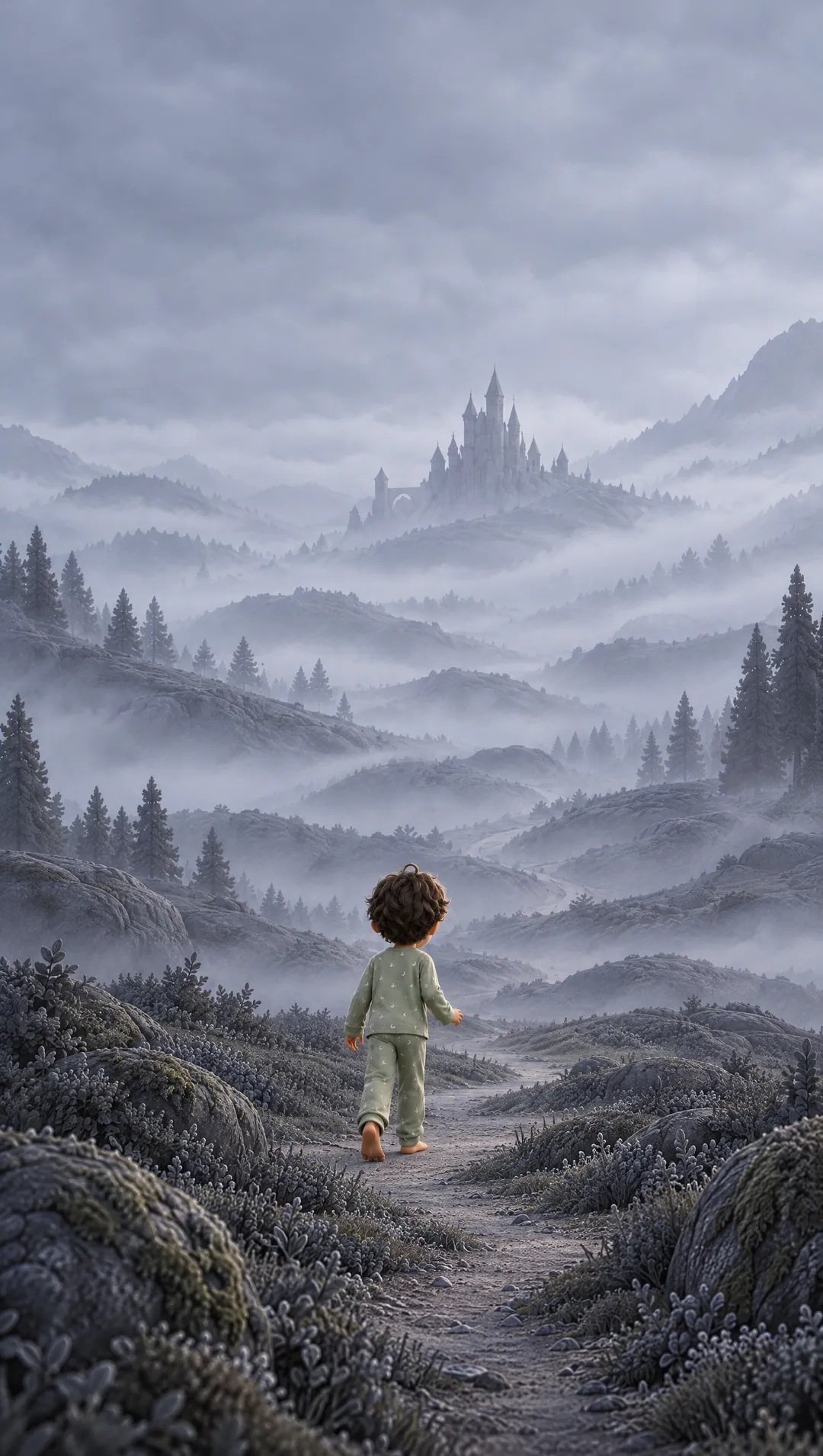 Dans la page grise, l’enfant, de dos et pieds nus, s’avance seul sur le chemin de brume, vers le château lointain.