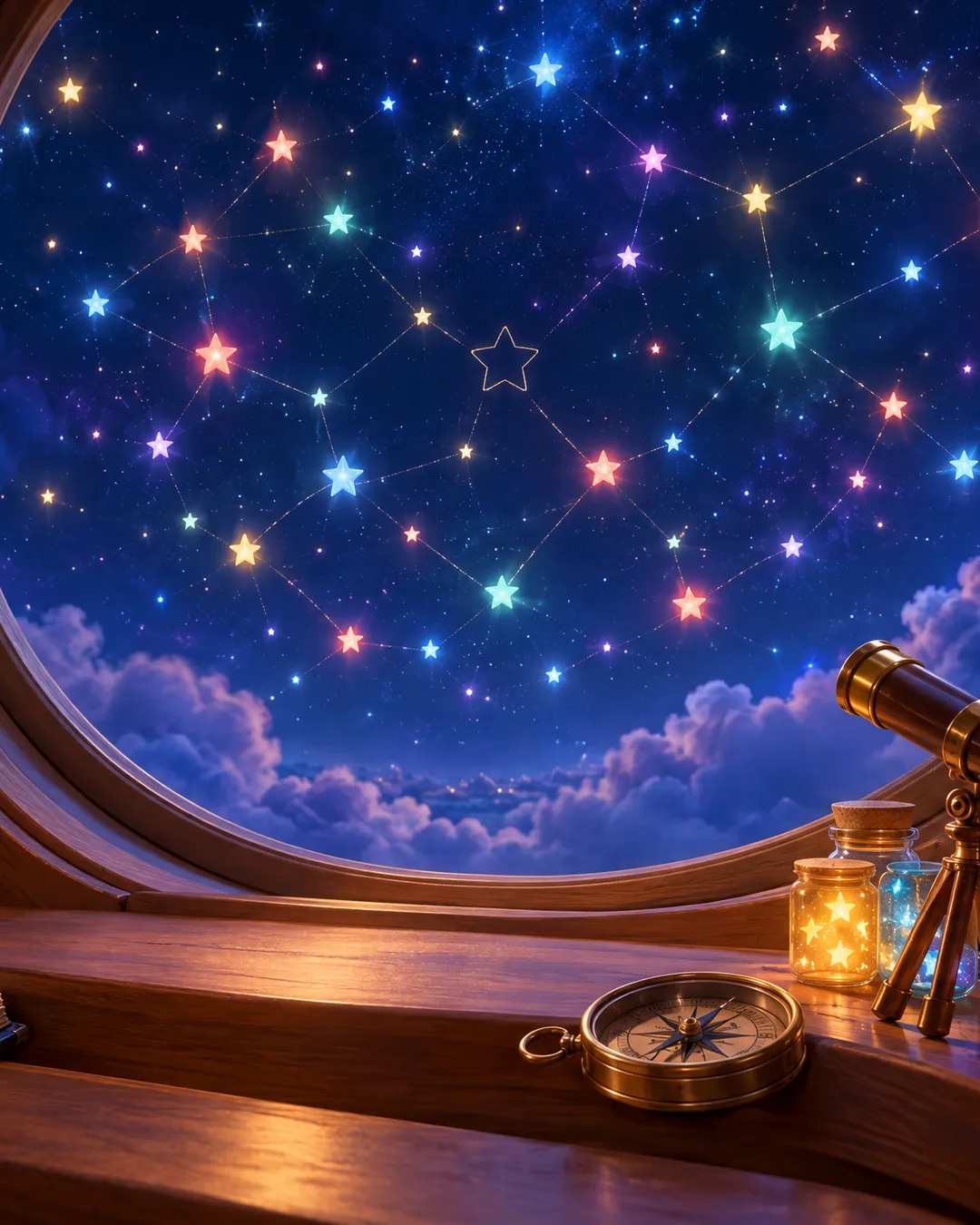 Sparkio, seul à la fenêtre, regarde le ciel : la constellation des histoires vécues brille, avec une place encore éteinte.
