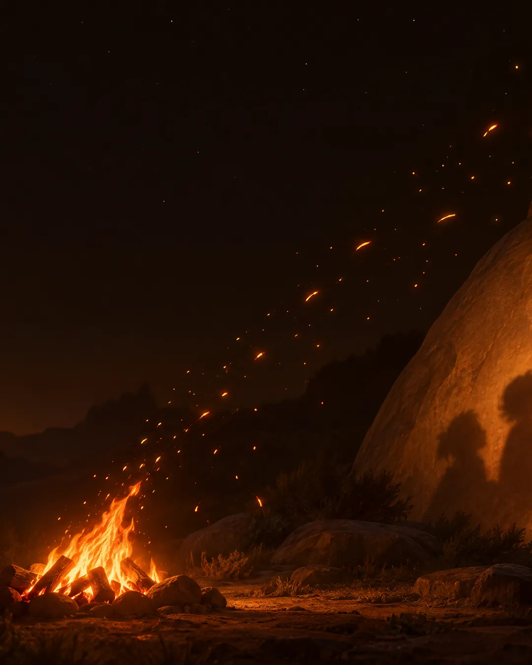 Théâtre d’ombres ambré : autour d’un feu, des silhouettes d’enfants écoutent un conteur. Les étincelles retombent toutes, sauf une, qui continue de monter vers le ciel.