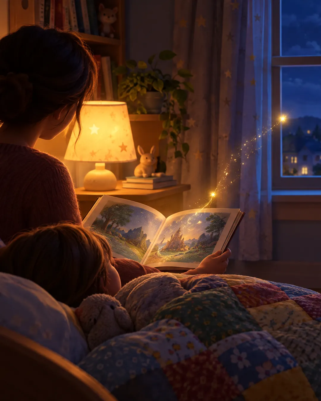Une lampe de chevet allumée. Un adulte lit une histoire ; une petite étincelle monte.