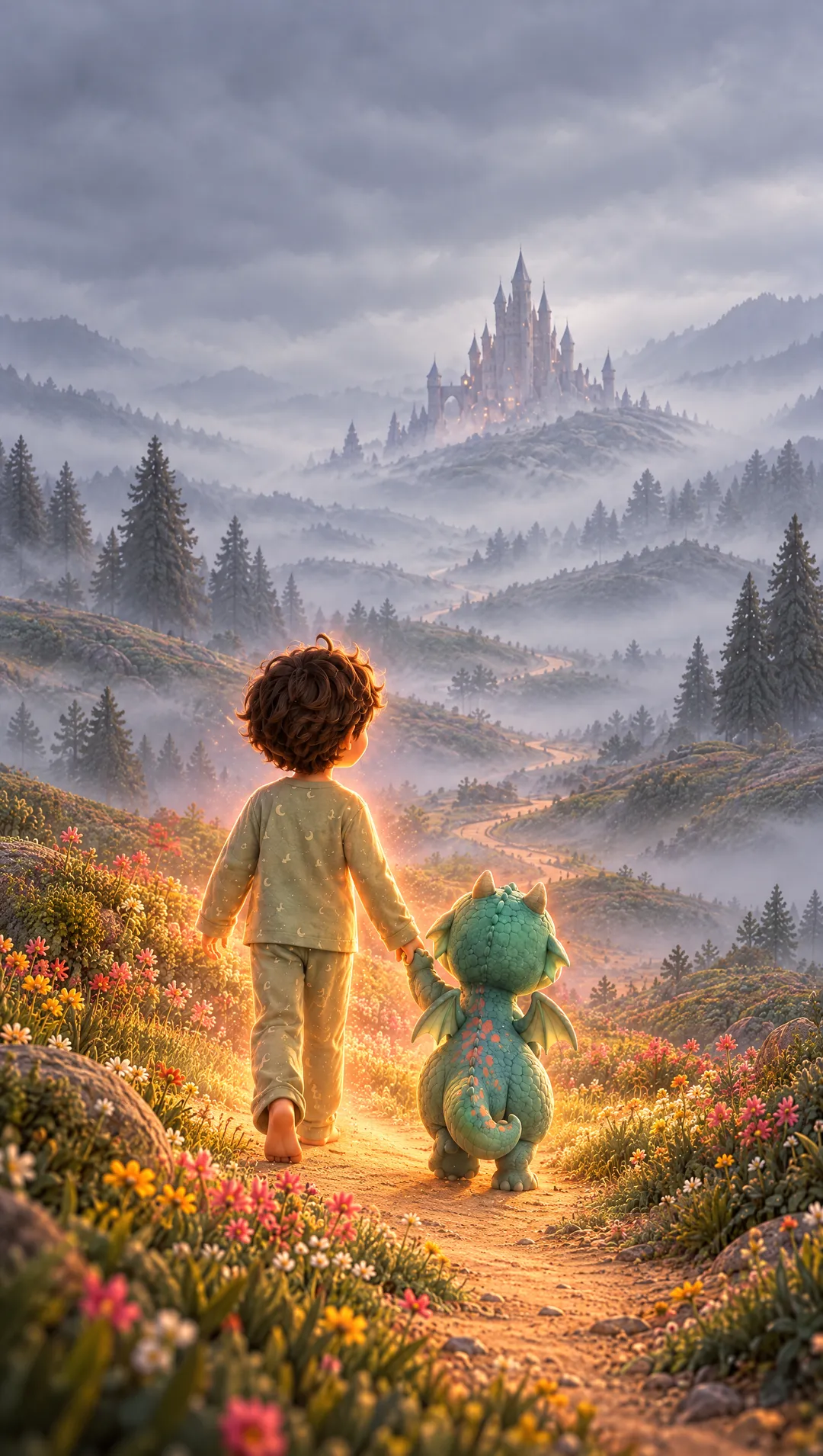 L’enfant et le petit dragon marchent ensemble. Une lumière corail naît de l’enfant : autour d’eux, l’herbe et les fleurs retrouvent leurs couleurs.