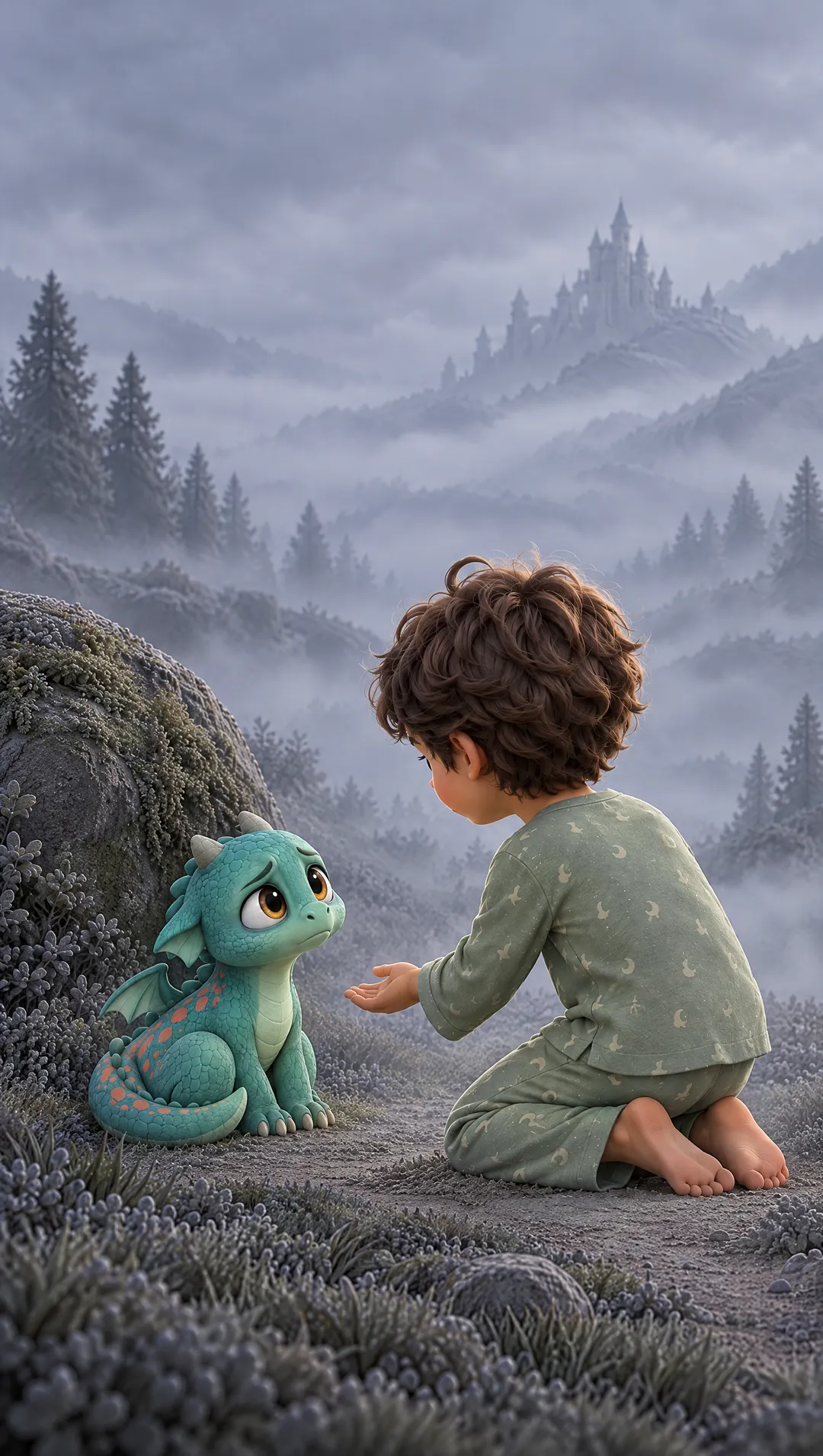 Au bord du chemin, un tout petit dragon vert, perdu, lève de grands yeux inquiets. L’enfant, à genoux, lui tend la main.