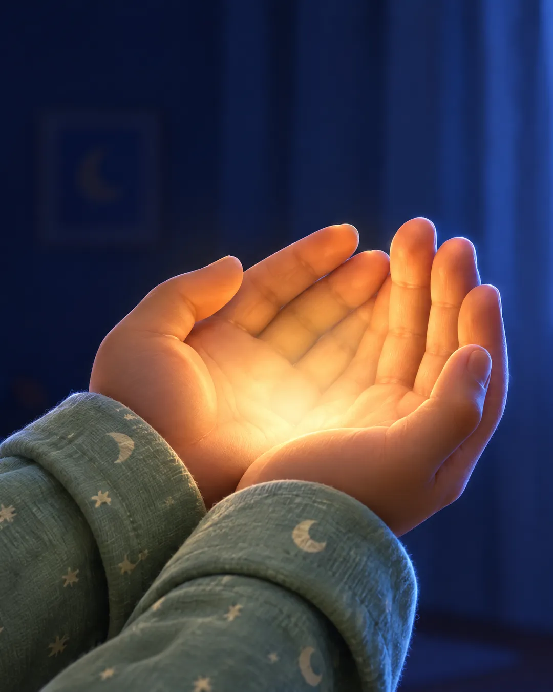 Une chambre ordinaire sous la lune. Deux petites mains d’enfant, en coupe, recueillent une lueur dorée devenue toute pâle.