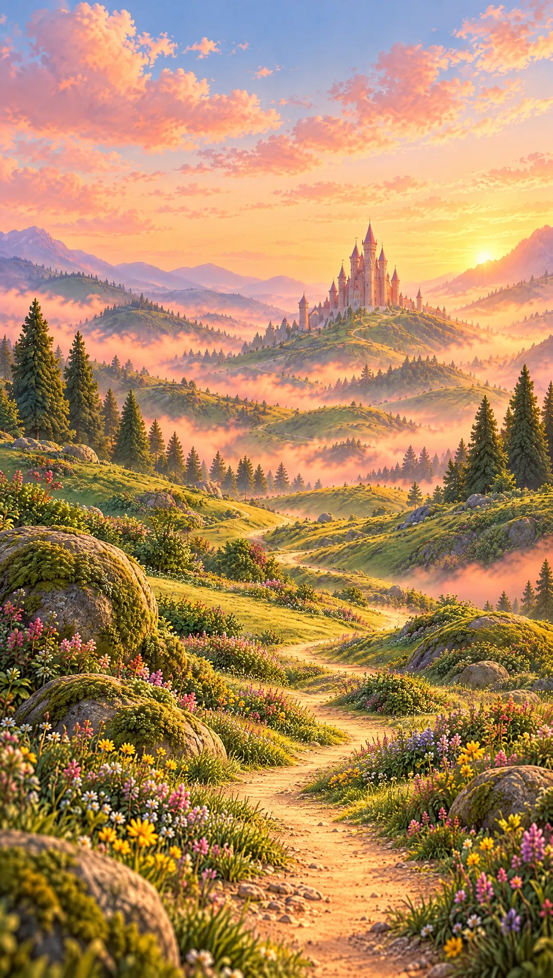 Toute la page a retrouvé ses couleurs : collines vertes, fleurs, ciel rose et doré, le château au loin.