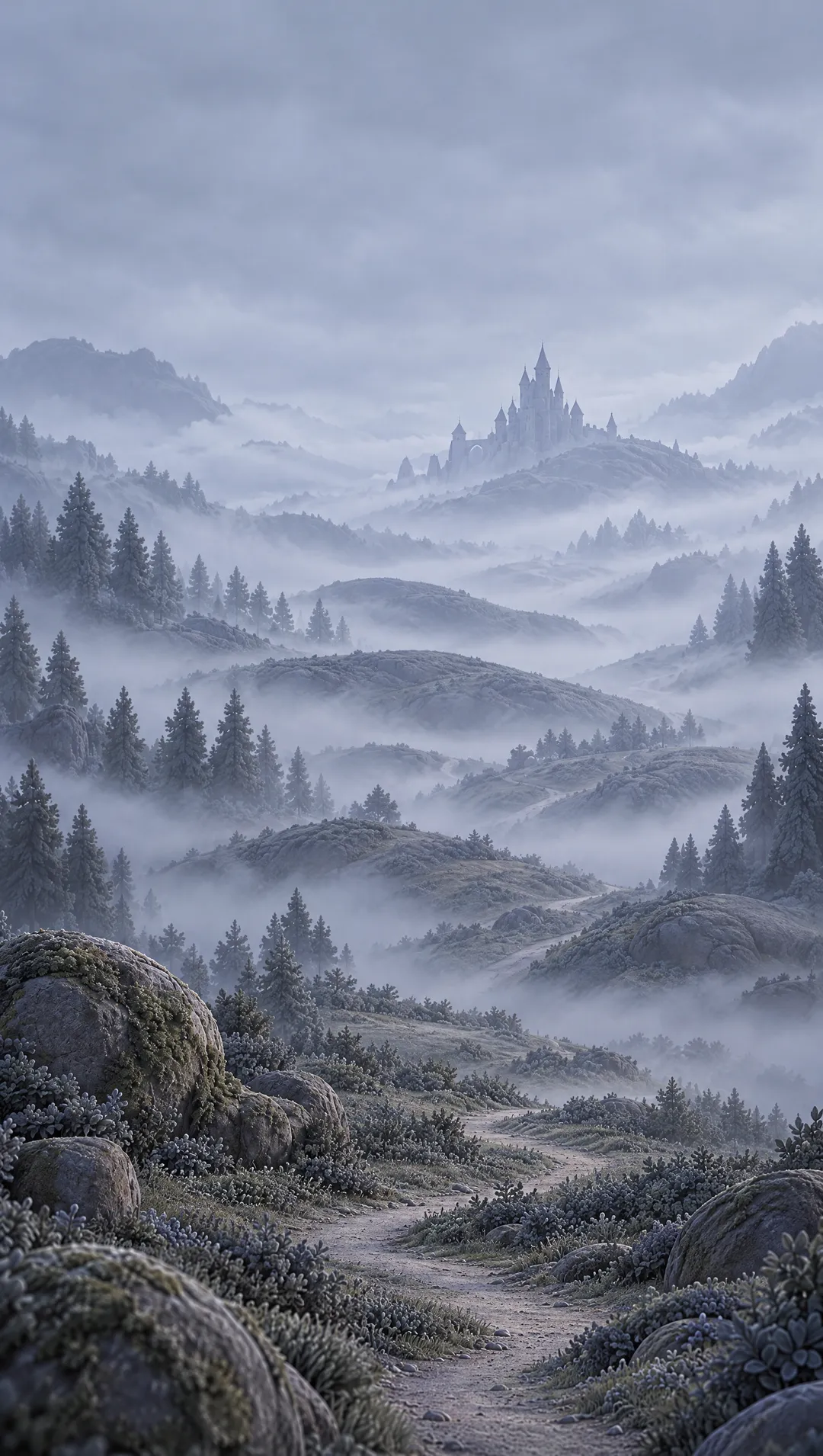 La page grise, vue du seuil : un chemin s’enfonce dans un pays de brume, vers un château lointain. Dans la brume, un murmure est écrit : « Pas toi. »