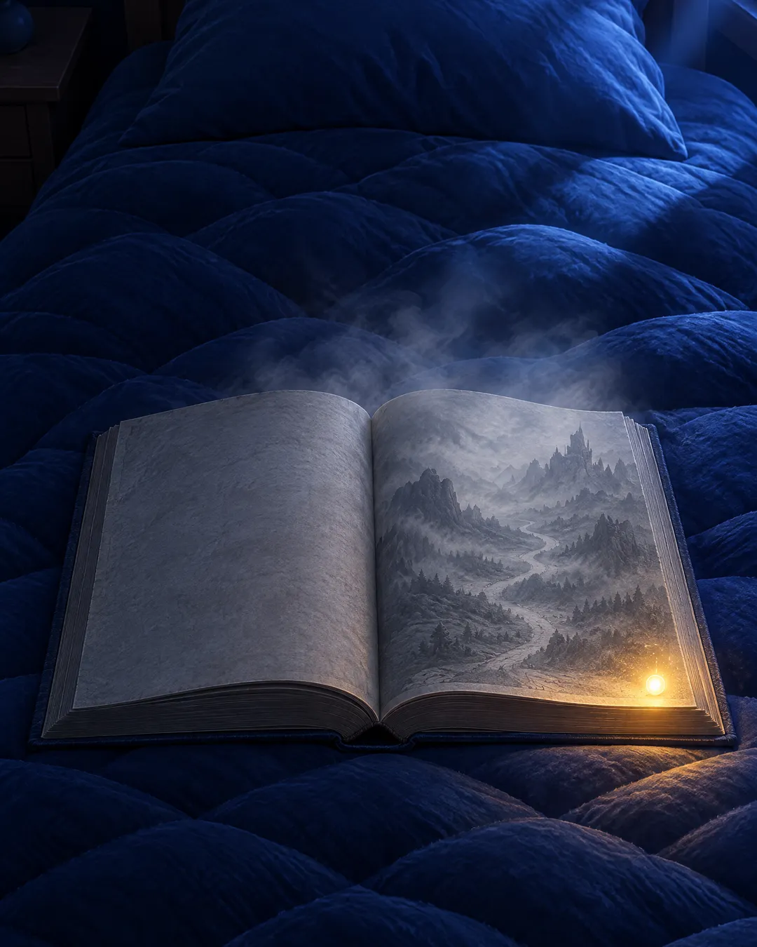 La chambre de nuit : un livre ouvert sur le lit, aux pages grises où un chemin s’enfonce dans la brume. Au bord de la page, une petite lueur dorée : Sparkio.